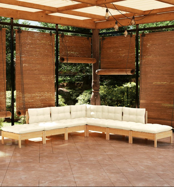 7-tlg. Garten-Lounge-Set mit Creme Kissen Kiefernholz