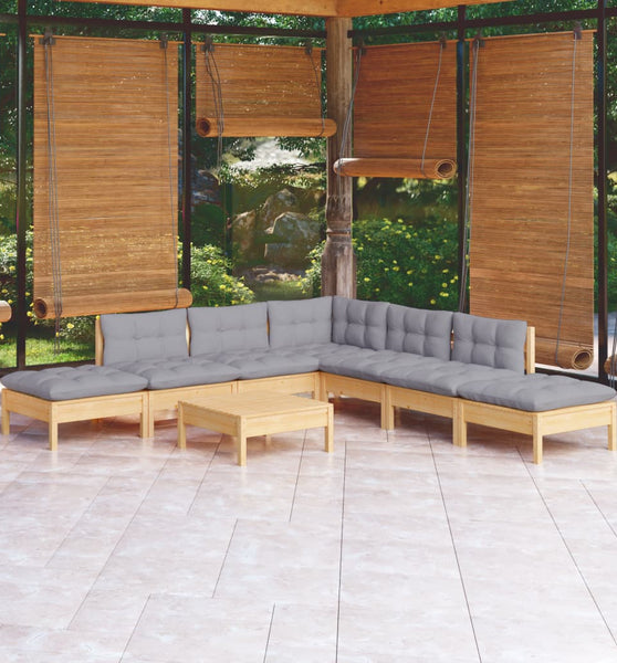8-tlg. Garten-Lounge-Set mit Grauen Kissen Kiefernholz