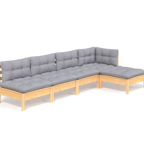 5-tlg. Garten-Lounge-Set mit Grauen Kissen Kiefernholz