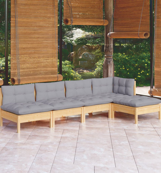 5-tlg. Garten-Lounge-Set mit Grauen Kissen Kiefernholz