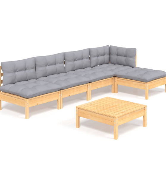 6-tlg. Garten-Lounge-Set mit Grauen Kissen Kiefernholz