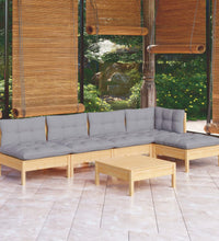 6-tlg. Garten-Lounge-Set mit Grauen Kissen Kiefernholz