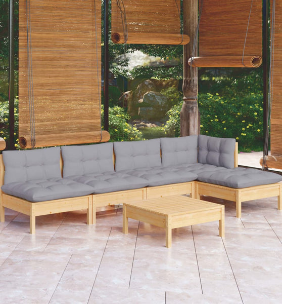 6-tlg. Garten-Lounge-Set mit Grauen Kissen Kiefernholz