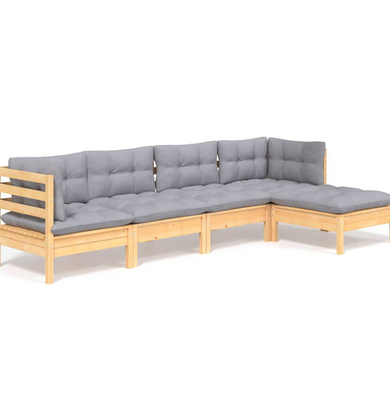 5-tlg. Garten-Lounge-Set mit Grauen Kissen Kiefernholz