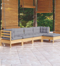 5-tlg. Garten-Lounge-Set mit Grauen Kissen Kiefernholz