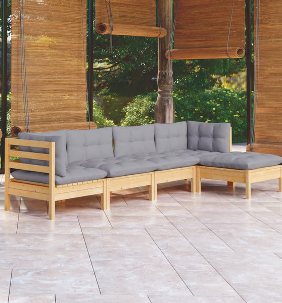 5-tlg. Garten-Lounge-Set mit Grauen Kissen Kiefernholz