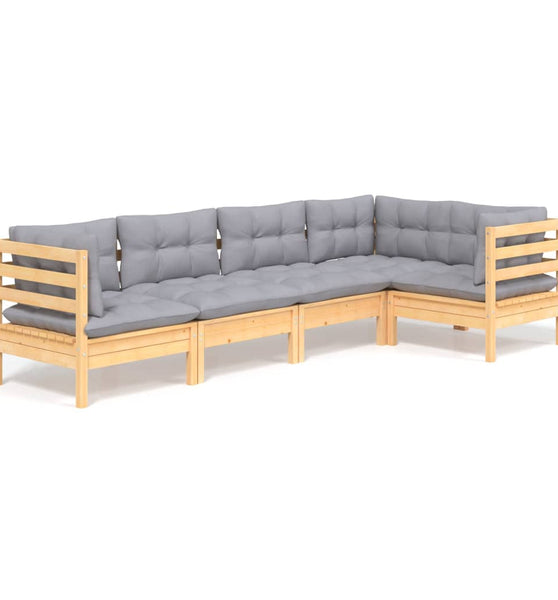 5-tlg. Garten-Lounge-Set mit Grauen Kissen Kiefernholz