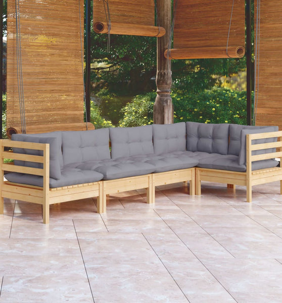 5-tlg. Garten-Lounge-Set mit Grauen Kissen Kiefernholz