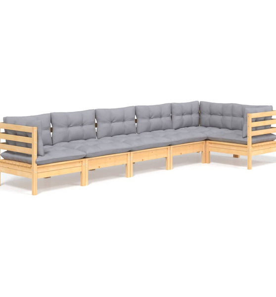6-tlg. Garten-Lounge-Set mit Grauen Kissen Kiefernholz