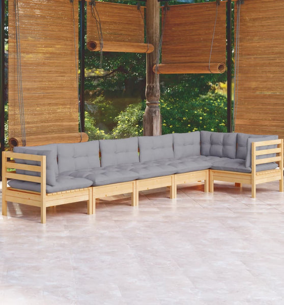 6-tlg. Garten-Lounge-Set mit Grauen Kissen Kiefernholz