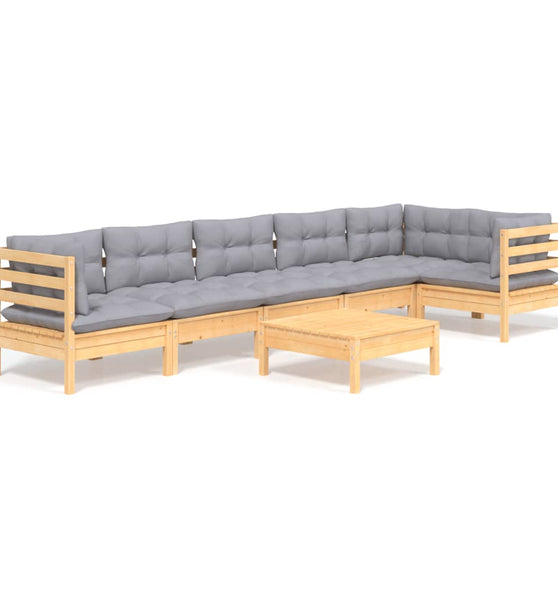 7-tlg. Garten-Lounge-Set mit Grauen Kissen Kiefernholz