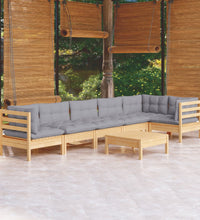 7-tlg. Garten-Lounge-Set mit Grauen Kissen Kiefernholz