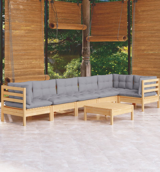 7-tlg. Garten-Lounge-Set mit Grauen Kissen Kiefernholz