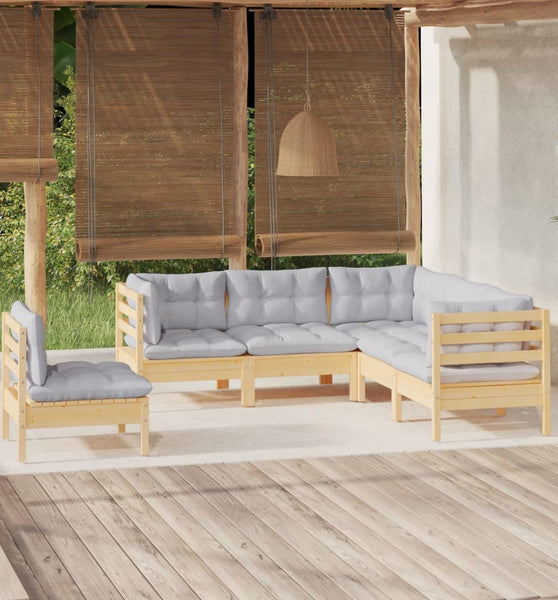5-tlg. Garten-Lounge-Set mit Grauen Kissen Kiefernholz