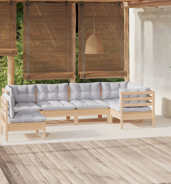 6-tlg. Garten-Lounge-Set mit Grauen Kissen Kiefernholz