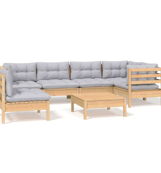 7-tlg. Garten-Lounge-Set mit Grauen Kissen Kiefernholz