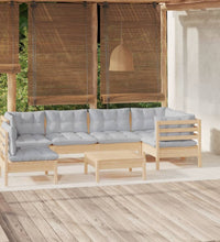 7-tlg. Garten-Lounge-Set mit Grauen Kissen Kiefernholz