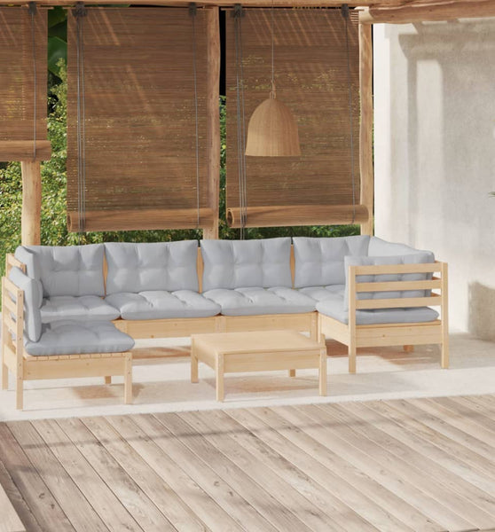 7-tlg. Garten-Lounge-Set mit Grauen Kissen Kiefernholz