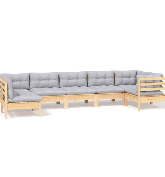 7-tlg. Garten-Lounge-Set mit Grauen Kissen Kiefernholz