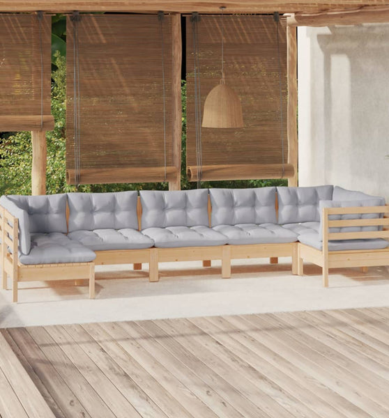 7-tlg. Garten-Lounge-Set mit Grauen Kissen Kiefernholz