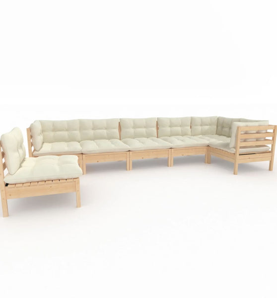 7-tlg. Garten-Lounge-Set mit Creme Kissen Kiefernholz