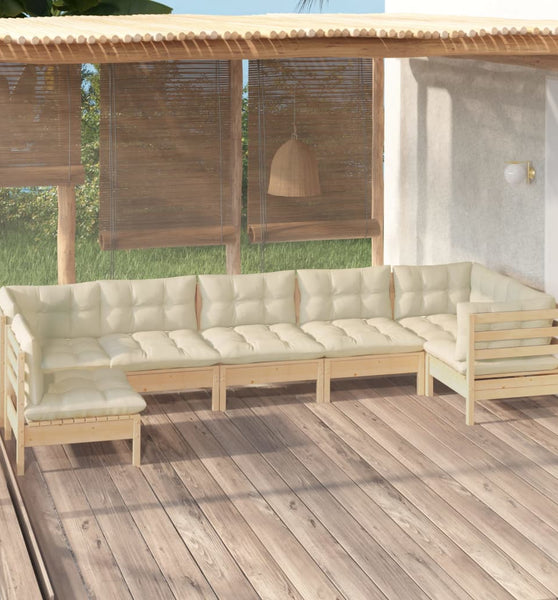 7-tlg. Garten-Lounge-Set mit Creme Kissen Kiefernholz