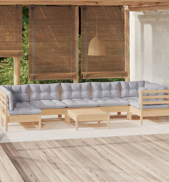 8-tlg. Garten-Lounge-Set mit Grauen Kissen Kiefernholz