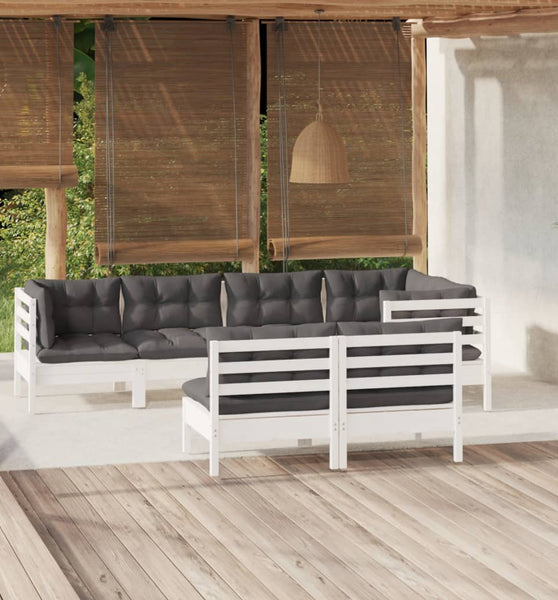 7-tlg. Garten-Lounge-Set mit Kissen Weiß Kiefer Massivholz