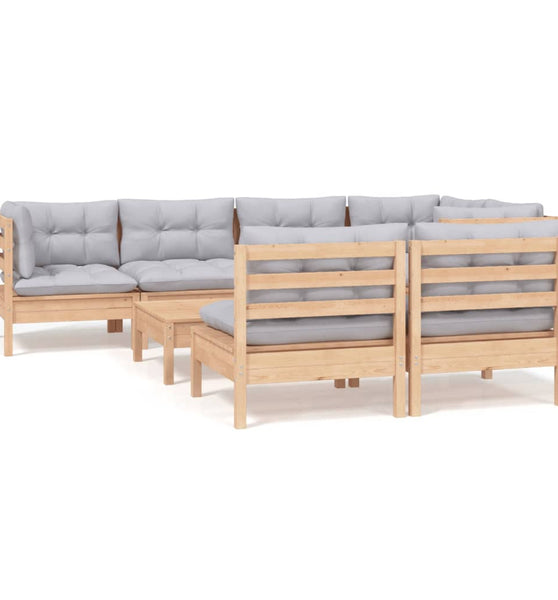 8-tlg. Garten-Lounge-Set mit Grauen Kissen Kiefer Massivholz