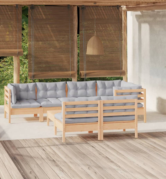 8-tlg. Garten-Lounge-Set mit Grauen Kissen Kiefer Massivholz