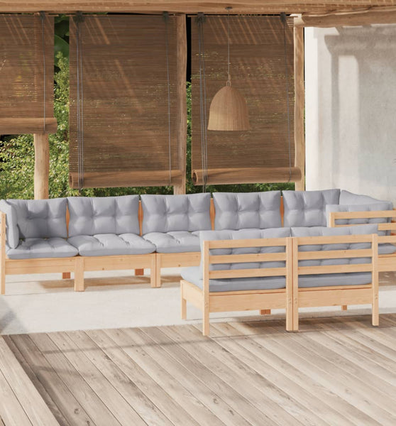 8-tlg. Garten-Lounge-Set mit Grauen Kissen Kiefer Massivholz