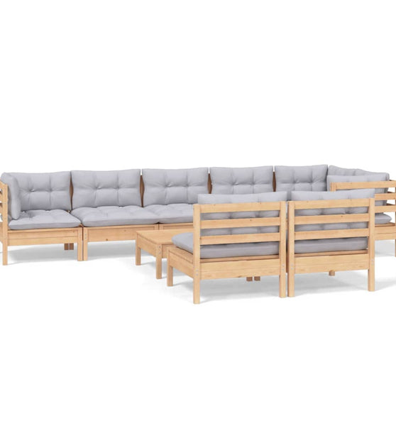 9-tlg. Garten-Lounge-Set mit Grauen Kissen Kiefer Massivholz