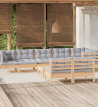9-tlg. Garten-Lounge-Set mit Grauen Kissen Kiefer Massivholz