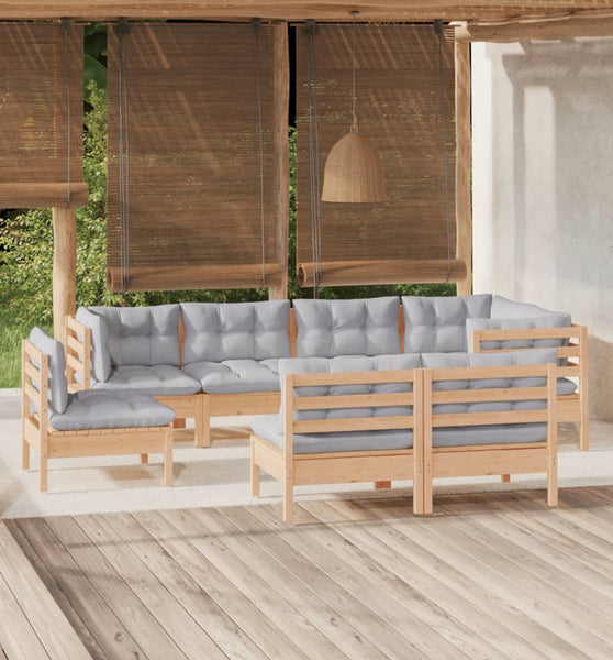 8-tlg. Garten-Lounge-Set mit Grauen Kissen Kiefer Massivholz