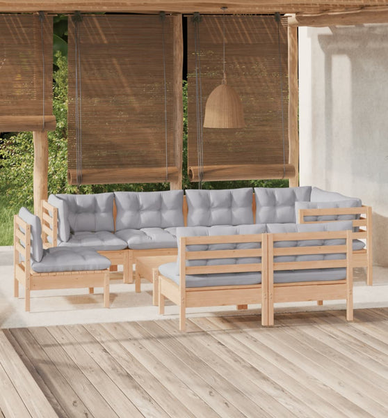 9-tlg. Garten-Lounge-Set mit Grauen Kissen Kiefer Massivholz