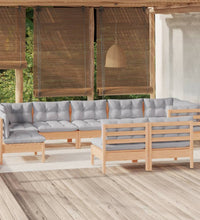 9-tlg. Garten-Lounge-Set mit Grauen Kissen Kiefer Massivholz