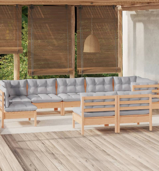 9-tlg. Garten-Lounge-Set mit Grauen Kissen Kiefer Massivholz