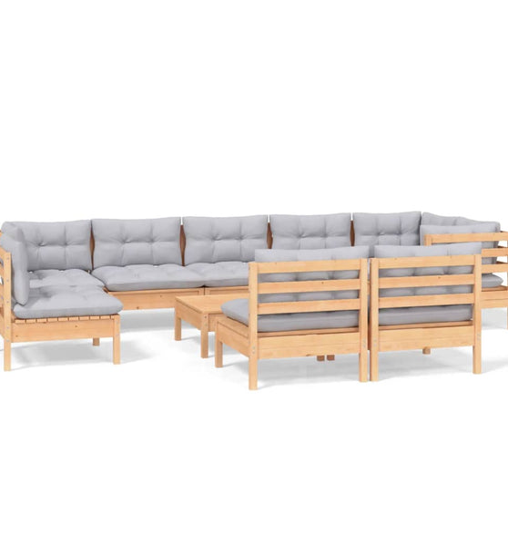 10-tlg. Garten-Lounge-Set mit Grauen Kissen Kiefer Massivholz
