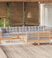 10-tlg. Garten-Lounge-Set mit Grauen Kissen Kiefer Massivholz