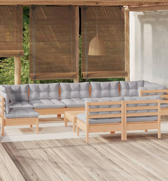 10-tlg. Garten-Lounge-Set mit Grauen Kissen Kiefer Massivholz