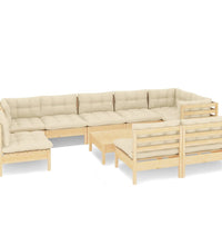10-tlg. Garten-Lounge-Set mit Creme Kissen Massivholz Kiefer