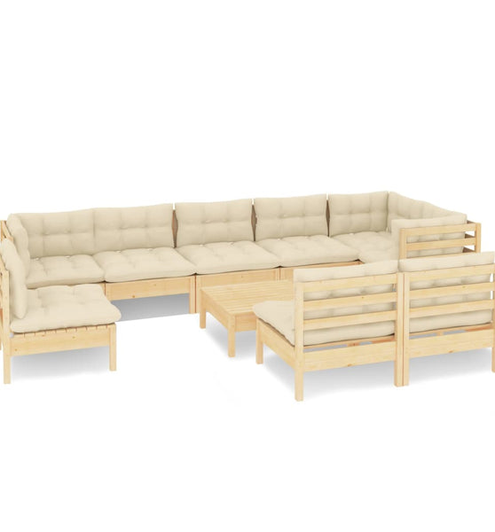 10-tlg. Garten-Lounge-Set mit Creme Kissen Massivholz Kiefer