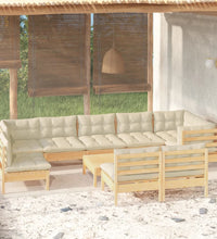 10-tlg. Garten-Lounge-Set mit Creme Kissen Massivholz Kiefer