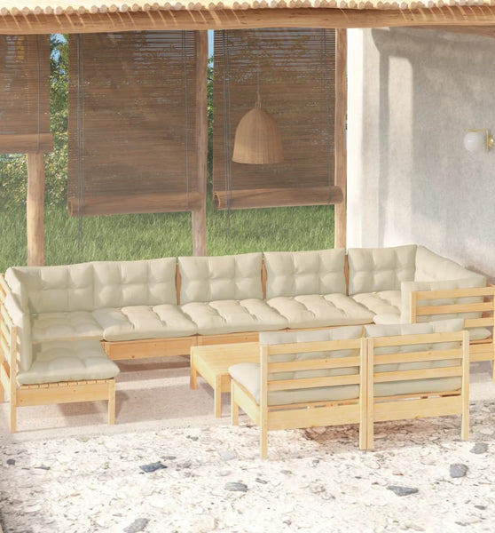 10-tlg. Garten-Lounge-Set mit Creme Kissen Massivholz Kiefer