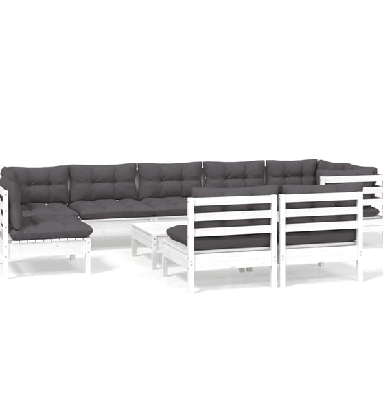 10-tlg. Garten-Lounge-Set mit Kissen Weiß Kiefer Massivholz