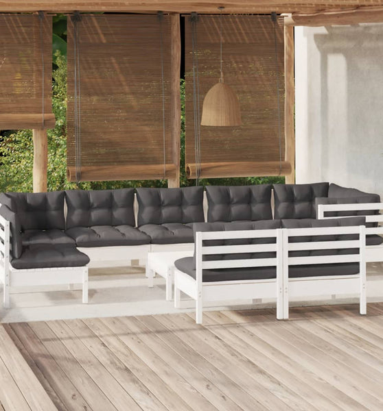 10-tlg. Garten-Lounge-Set mit Kissen Weiß Kiefer Massivholz