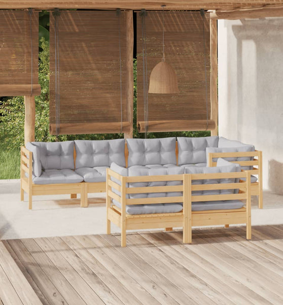 7-tlg. Garten-Lounge-Set mit Grauen Kissen Kiefer Massivholz