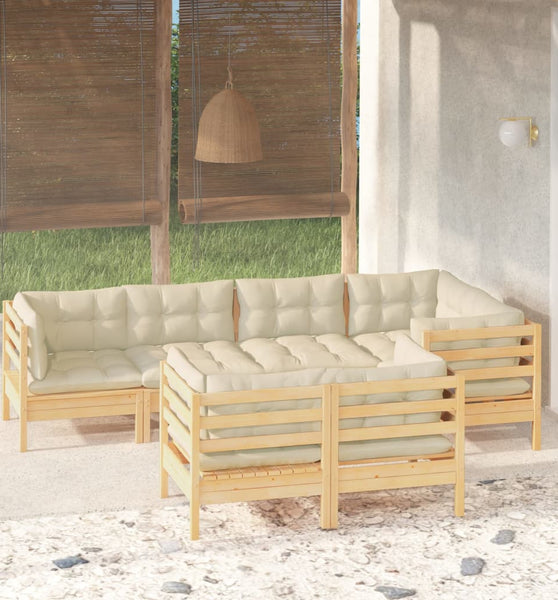 7-tlg. Garten-Lounge-Set mit Creme Kissen Massivholz Kiefer
