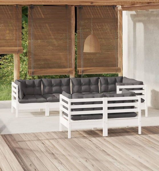 7-tlg. Garten-Lounge-Set mit Kissen Weiß Kiefer Massivholz