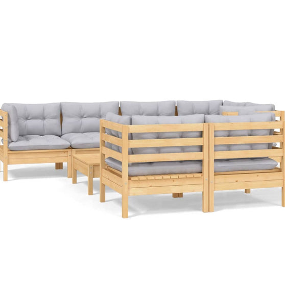 8-tlg. Garten-Lounge-Set mit Grauen Kissen Kiefer Massivholz